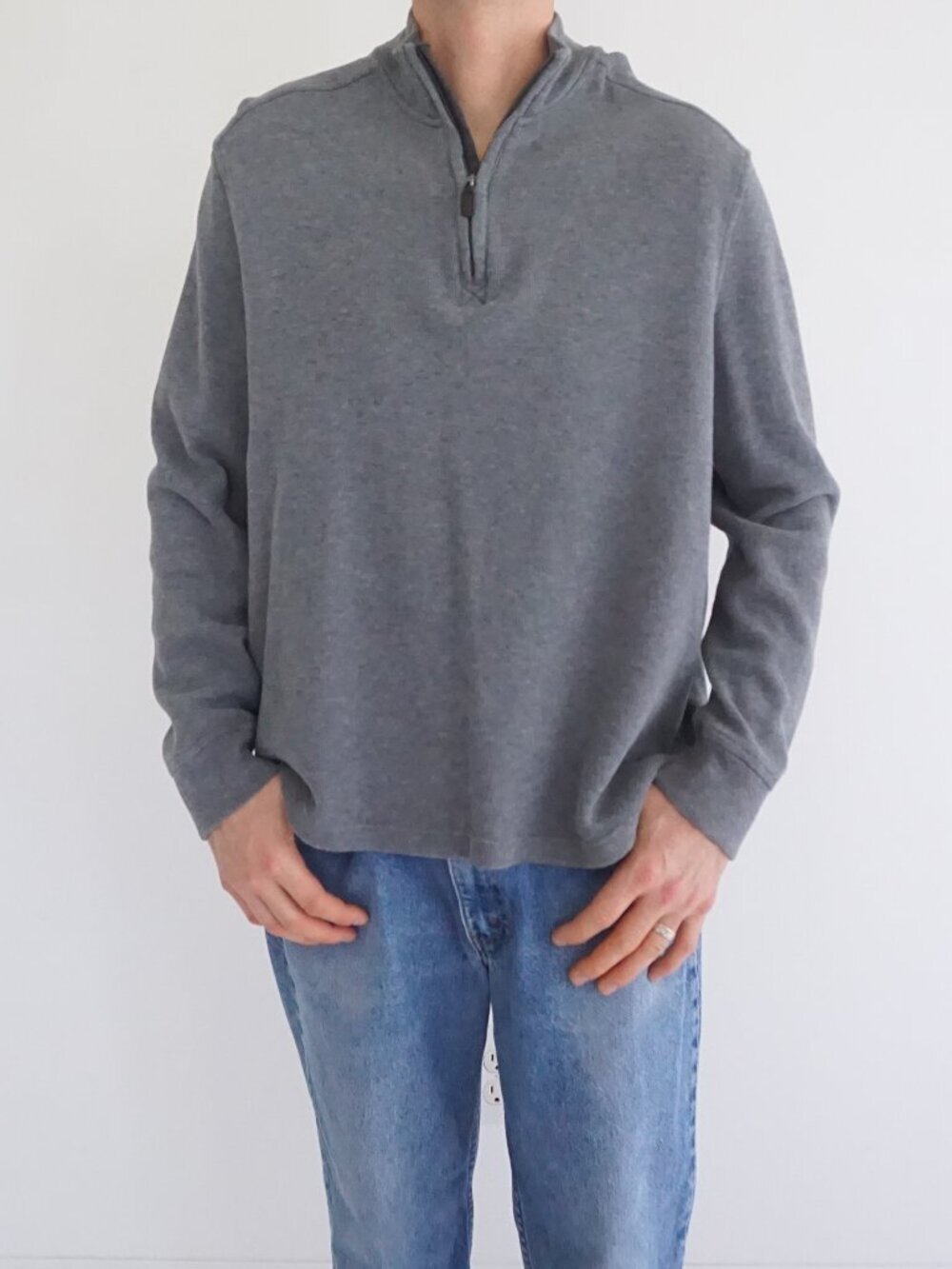 Black Brown 1826 Grey Quarter Zip Mock Neck Knit Sweater Office Minimalist XL